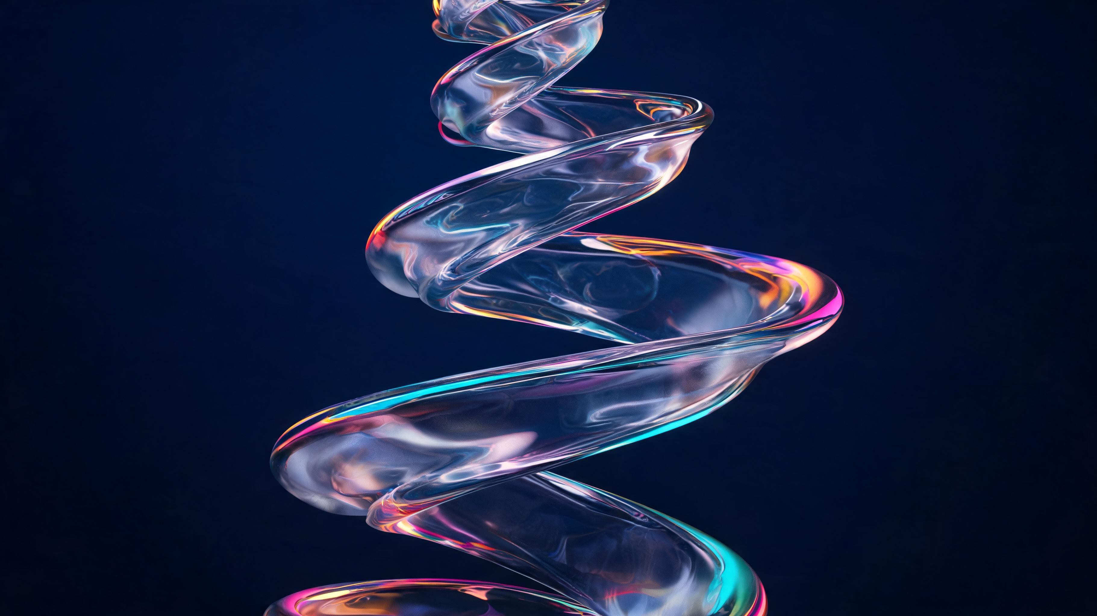 A translucent glass ribbon coils upward in a smooth, sinuous spiral, its surface shimmering with iridescent pink, teal, and amber highlights against a deep navy backdrop, creating a sleek, futuristic mood in crisp 4K clarity.