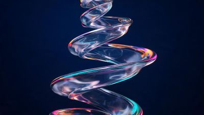 A translucent glass ribbon coils upward in a smooth, sinuous spiral, its surface shimmering with iridescent pink, teal, and amber highlights against a deep navy backdrop, creating a sleek, futuristic mood in crisp 4K clarity.