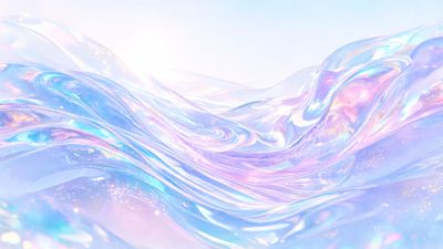 Shimmering pastel waves of translucent liquid swirl across a pale sky backdrop, their iridescent pinks, blues, and violets dusted with tiny golden flecks that evoke a serene, otherworldly dreamscape.