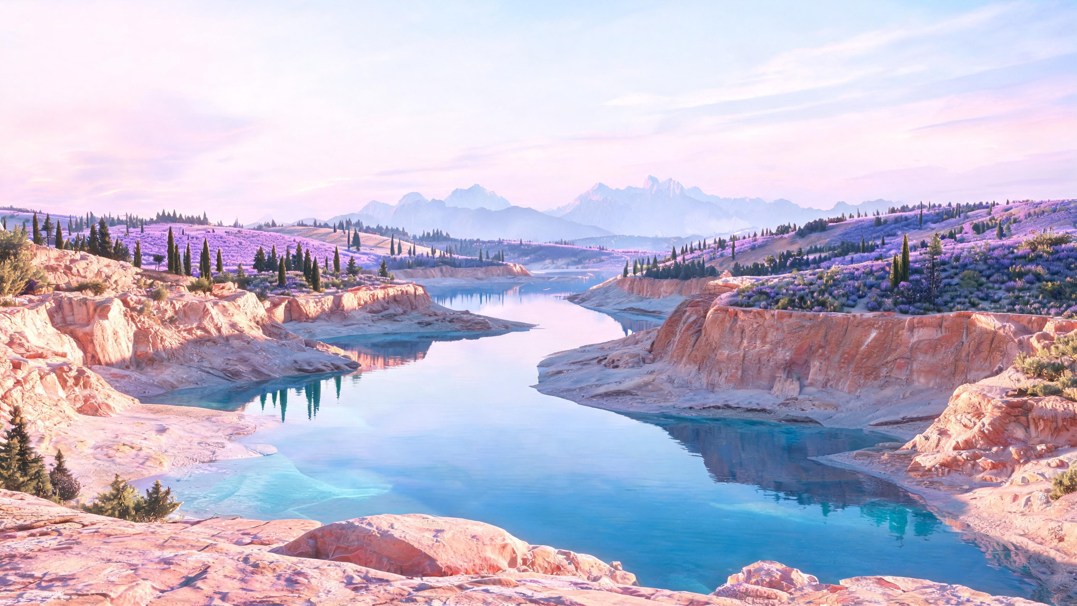 A tranquil turquoise river winds between rosy sandstone cliffs, its glassy surface reflecting the pastel pink and lavender hues of dawn. Rolling hills carpeted with blooming lavender and dotted with dark cypress trees lead to hazy blue mountains in the distance, evoking a dreamy, serene mood.