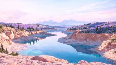 A tranquil turquoise river winds between rosy sandstone cliffs, its glassy surface reflecting the pastel pink and lavender hues of dawn. Rolling hills carpeted with blooming lavender and dotted with dark cypress trees lead to hazy blue mountains in the distance, evoking a dreamy, serene mood.