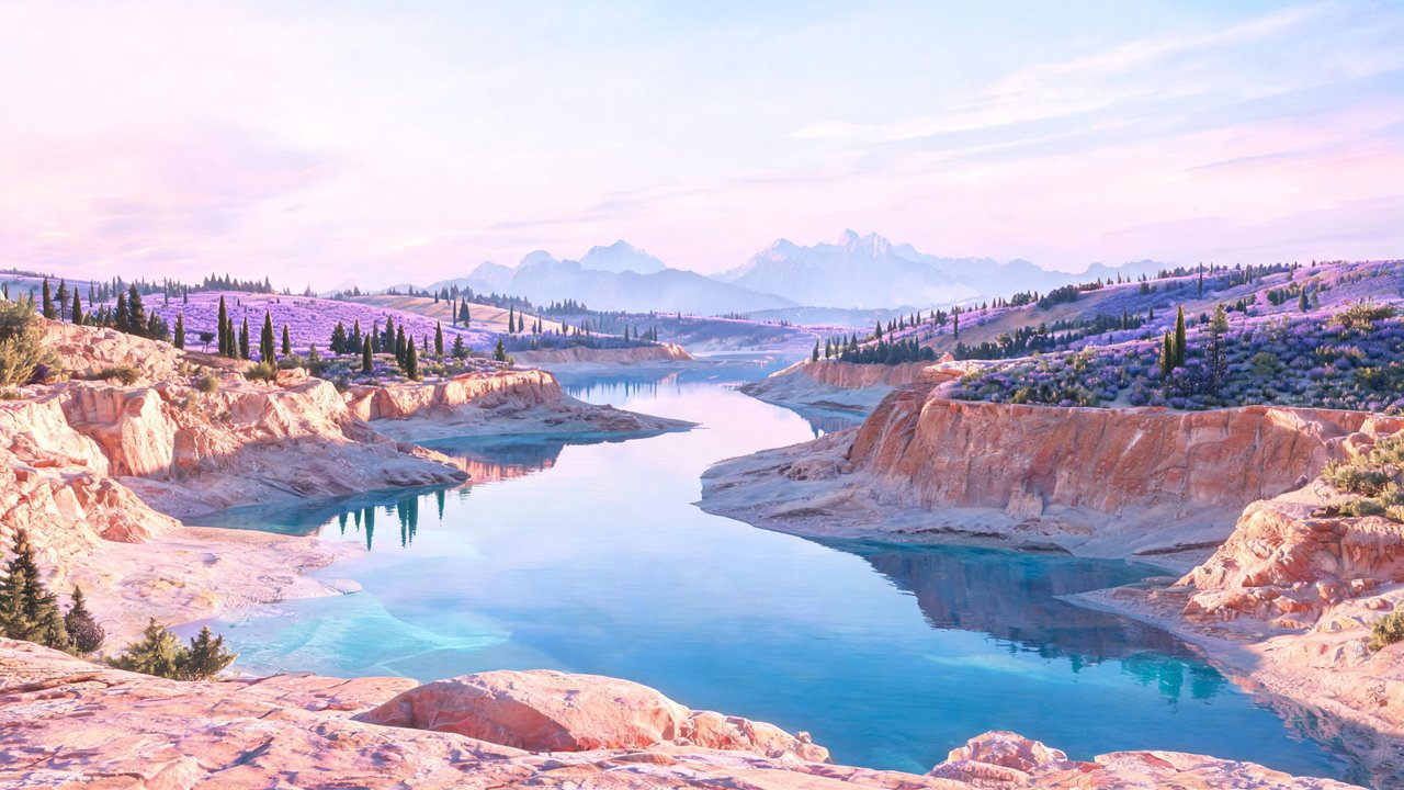 A tranquil turquoise river winds between rosy sandstone cliffs, its glassy surface reflecting the pastel pink and lavender hues of dawn. Rolling hills carpeted with blooming lavender and dotted with dark cypress trees lead to hazy blue mountains in the distance, evoking a dreamy, serene mood.