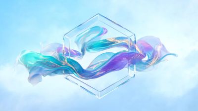 A translucent glass hexagon floats in a pastel sky, cradling a flowing ribbon that shimmers from turquoise to violet with streaks of golden light. The airy, cloud-washed backdrop and gentle glow evoke a serene, futuristic mood.