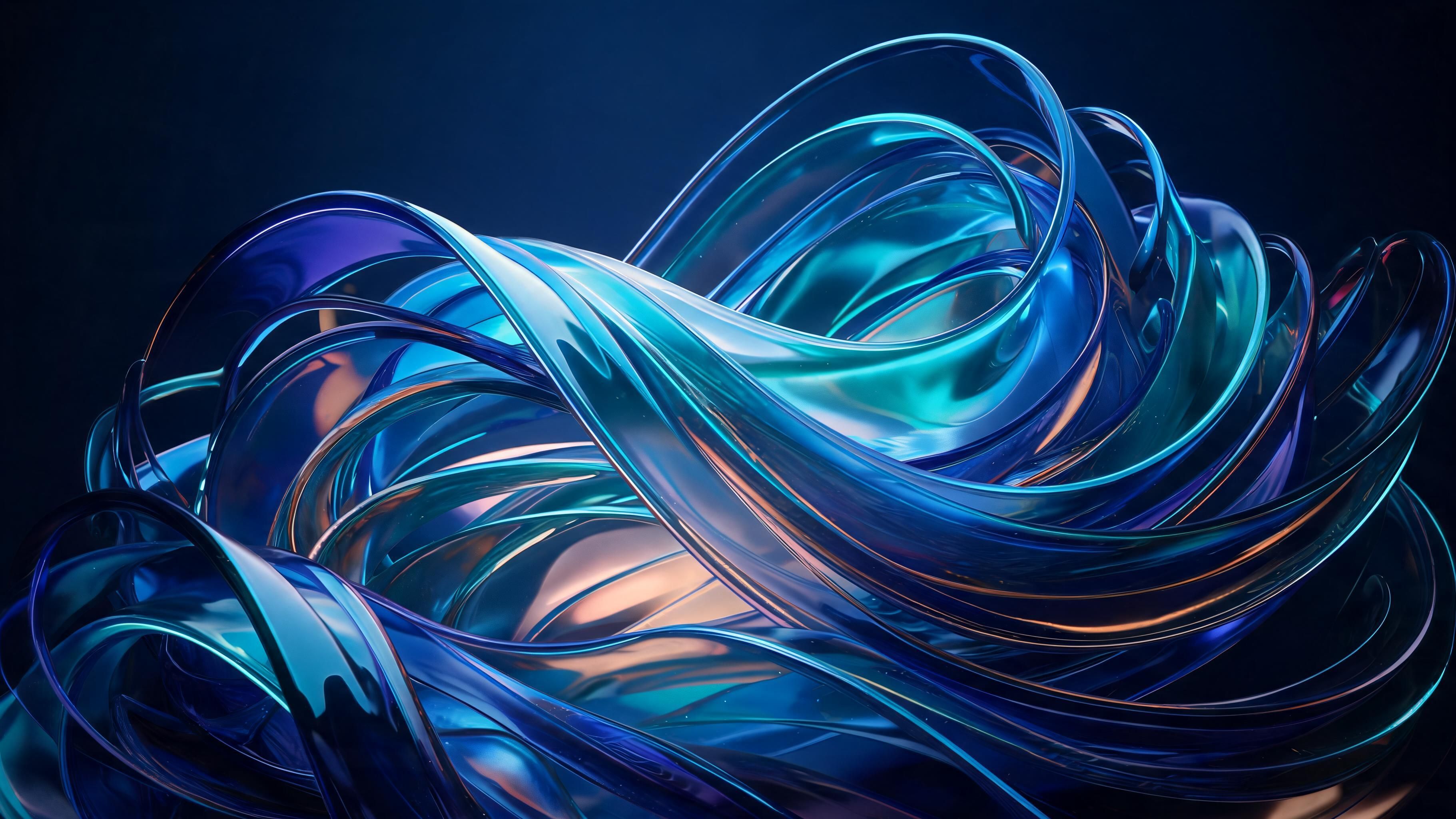 Glossy, glass-like ribbons in vibrant neon blues, teals, and subtle amber swirl and knot against a deep midnight backdrop, forming a luminous, futuristic vortex that feels fluid and mesmerizing.