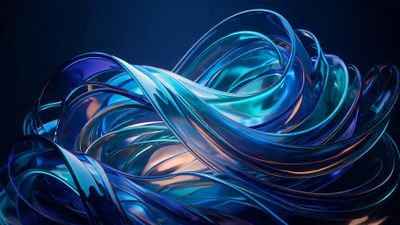 Glossy, glass-like ribbons in vibrant neon blues, teals, and subtle amber swirl and knot against a deep midnight backdrop, forming a luminous, futuristic vortex that feels fluid and mesmerizing.
