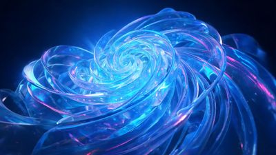 Translucent glass ribbons twist into a tight spiral, glowing with electric blue and pink neon light against a deep midnight backdrop, creating a futuristic, dreamy mood.