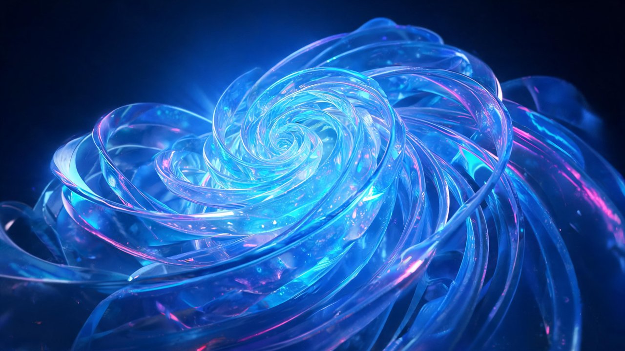 Translucent glass ribbons twist into a tight spiral, glowing with electric blue and pink neon light against a deep midnight backdrop, creating a futuristic, dreamy mood.