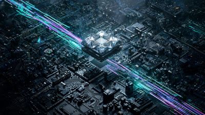 A faceted, diamond-like processor towers at the centre of a vast, night-lit motherboard that resembles a dense cityscape, while neon teal and magenta data trails zip between circuits, creating an energetic, cyberpunk mood.