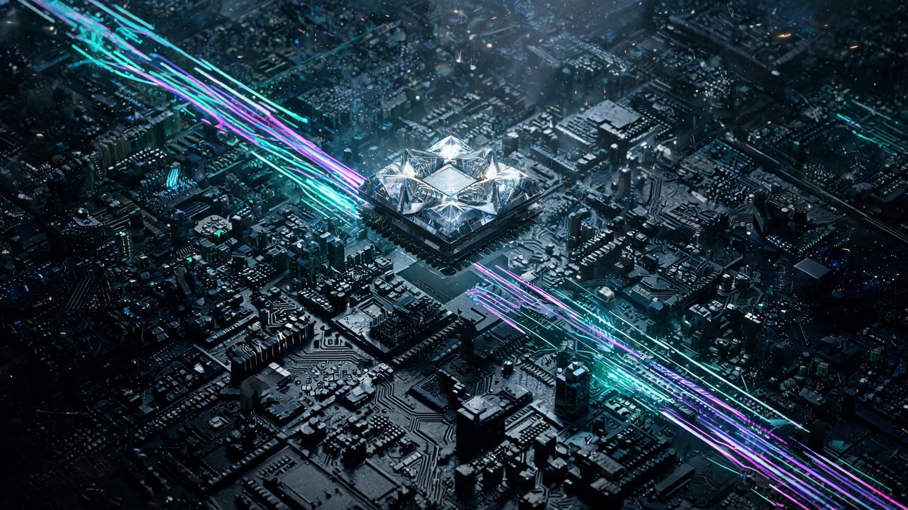 A faceted, diamond-like processor towers at the centre of a vast, night-lit motherboard that resembles a dense cityscape, while neon teal and magenta data trails zip between circuits, creating an energetic, cyberpunk mood.