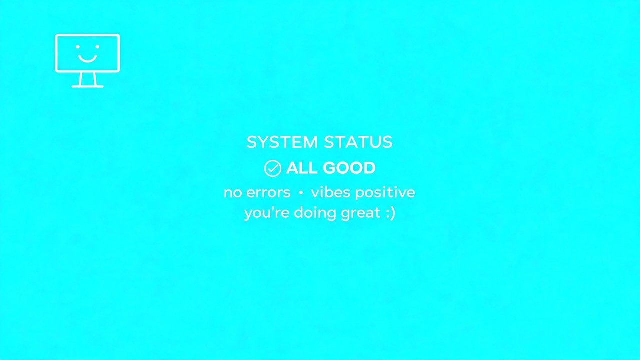 Minimalist wallpaper with a bright turquoise background shows centered white text reading “System Status ✔ All Good” followed by affirmations like “no errors • vibes positive • you’re doing great :)”, while a small line-art monitor with a smile sits in the top left, creating a cheerful, reassuring mood.