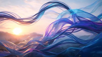 Translucent ribbons in shifting shades of blue, violet and aqua swirl across a misty sunrise landscape, their fluid, glass-like forms catching warm pink and gold light to evoke a calm yet invigorating atmosphere.