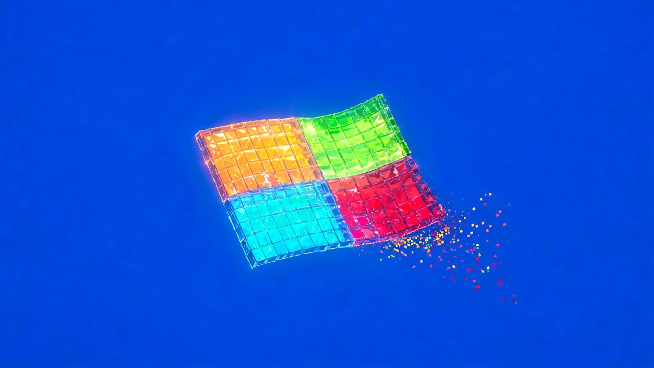 A wavy, flag-shaped grid of glossy orange, green, cyan, and red squares floats against a vivid royal-blue background, evoking a burst of digital energy. Tiny multicoloured pixels trail from its lower edge, giving the scene a playful, dynamic mood.