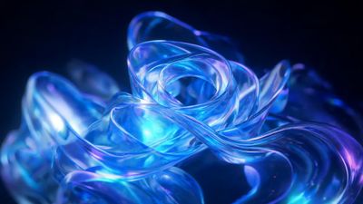 Twisting ribbons of translucent, glass-like material glow with electric blue neon and hints of violet, forming a fluid spiral that hovers against a deep black background and evokes a futuristic, serene mood.