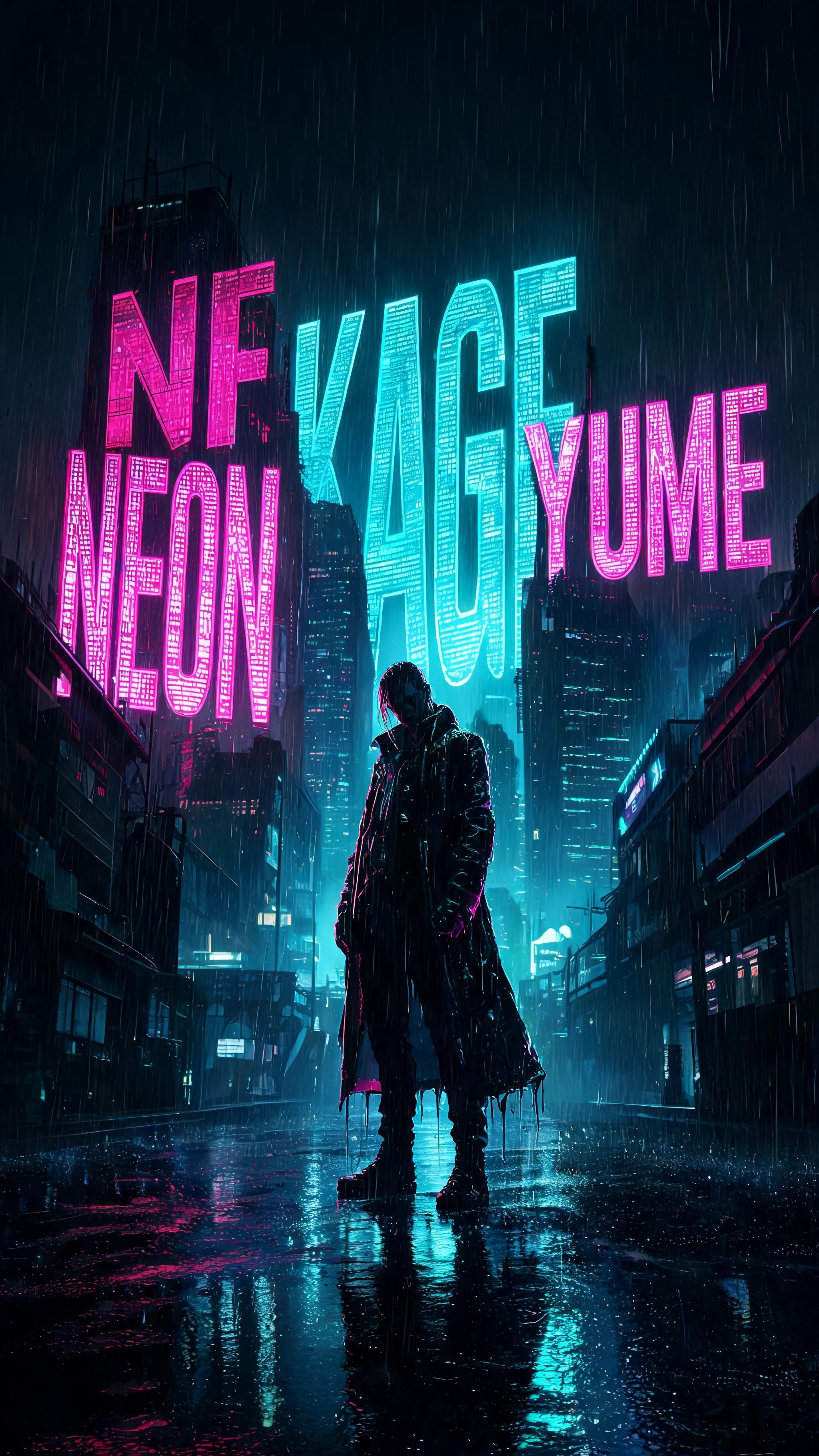 A lone figure in a long, rain-soaked trench coat stands in the middle of a drenched street, neon pink and cyan skyscraper signs blazing behind them and reflecting off the puddled asphalt. The downpour and stark, glowing colors create a brooding, futuristic cyberpunk mood.