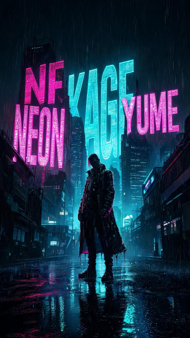 A lone figure in a long, rain-soaked trench coat stands in the middle of a drenched street, neon pink and cyan skyscraper signs blazing behind them and reflecting off the puddled asphalt. The downpour and stark, glowing colors create a brooding, futuristic cyberpunk mood.