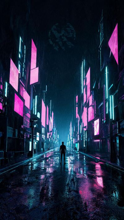 A lone silhouette stands in the middle of a rain-soaked street lined with towering buildings whose cyan and magenta neon screens cast vivid reflections across the wet pavement, creating a moody, immersive cyberpunk night scene.