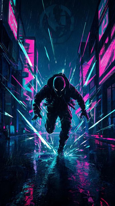 A hooded, faceless figure with glowing white eyes sprints toward the viewer down a rain-soaked alley, shards of cyan and magenta neon light exploding around their feet and reflecting in slick puddles; the vivid colours and driving rain evoke a tense, high-energy cyberpunk nightscape.