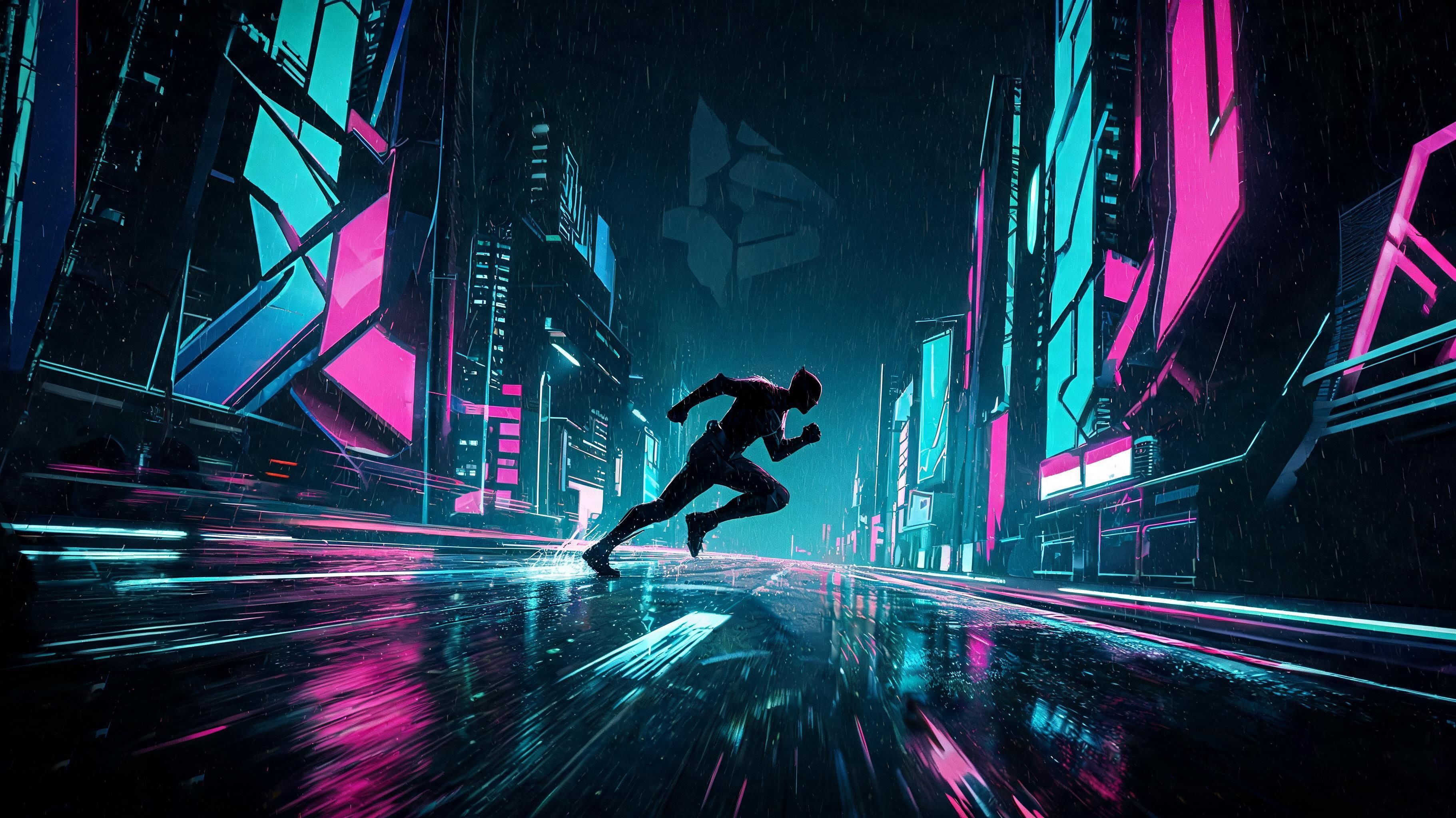 A lone, silhouetted runner sprints through a rain-slick, neon-soaked street lined with towering magenta and teal holographic billboards, their reflections streaking across the wet pavement in dynamic motion. The vivid colors, glistening rain, and blurred light trails create a high-energy, futuristic atmosphere of urgency and rebellion.