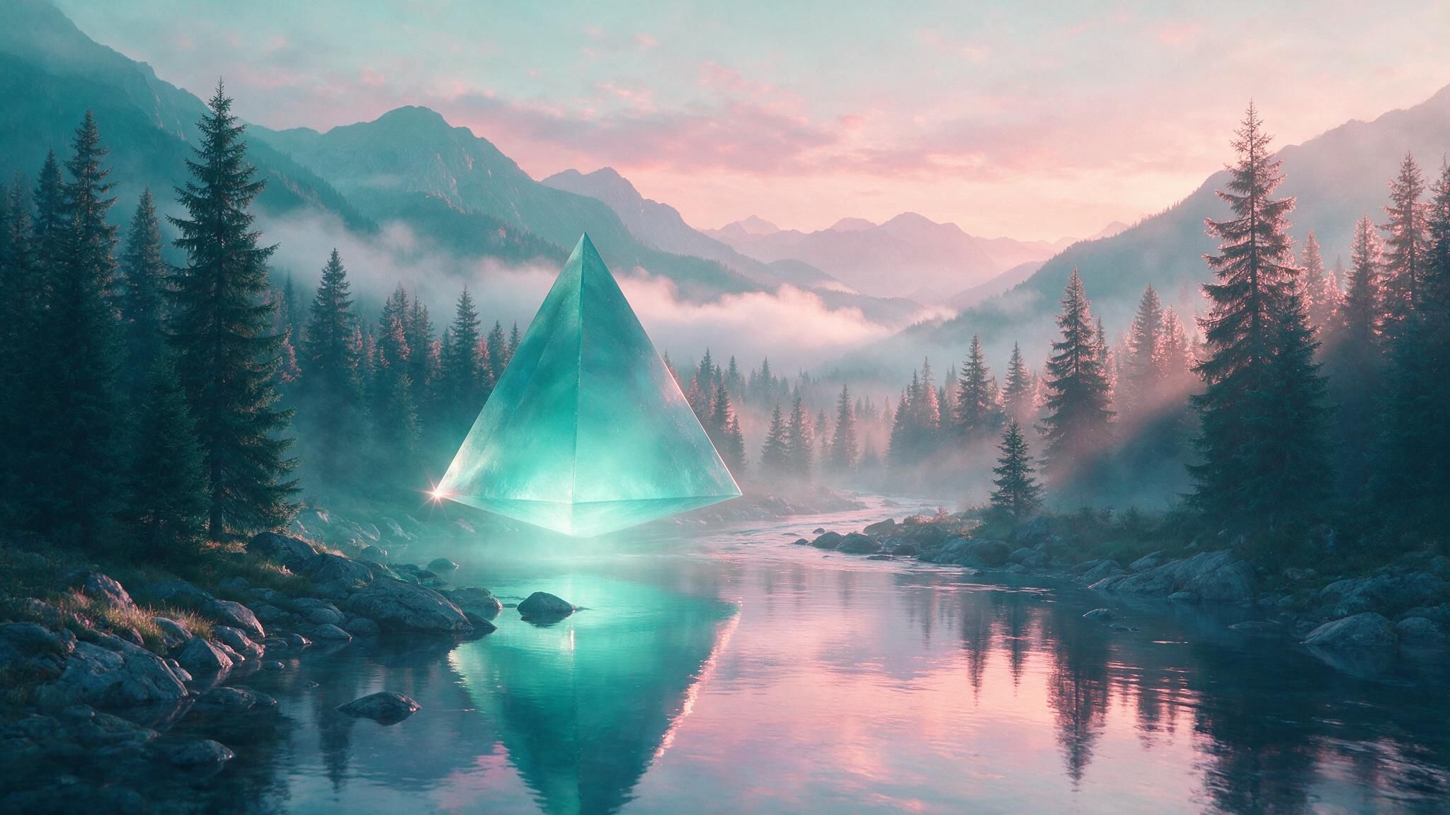 A glowing, translucent emerald pyramid hovers just above a mist-shrouded river in a pine-forested mountain valley at sunrise, its soft light mirrored in the still water. Pastel pink and teal skies and drifting fog lend a serene, otherworldly mood.