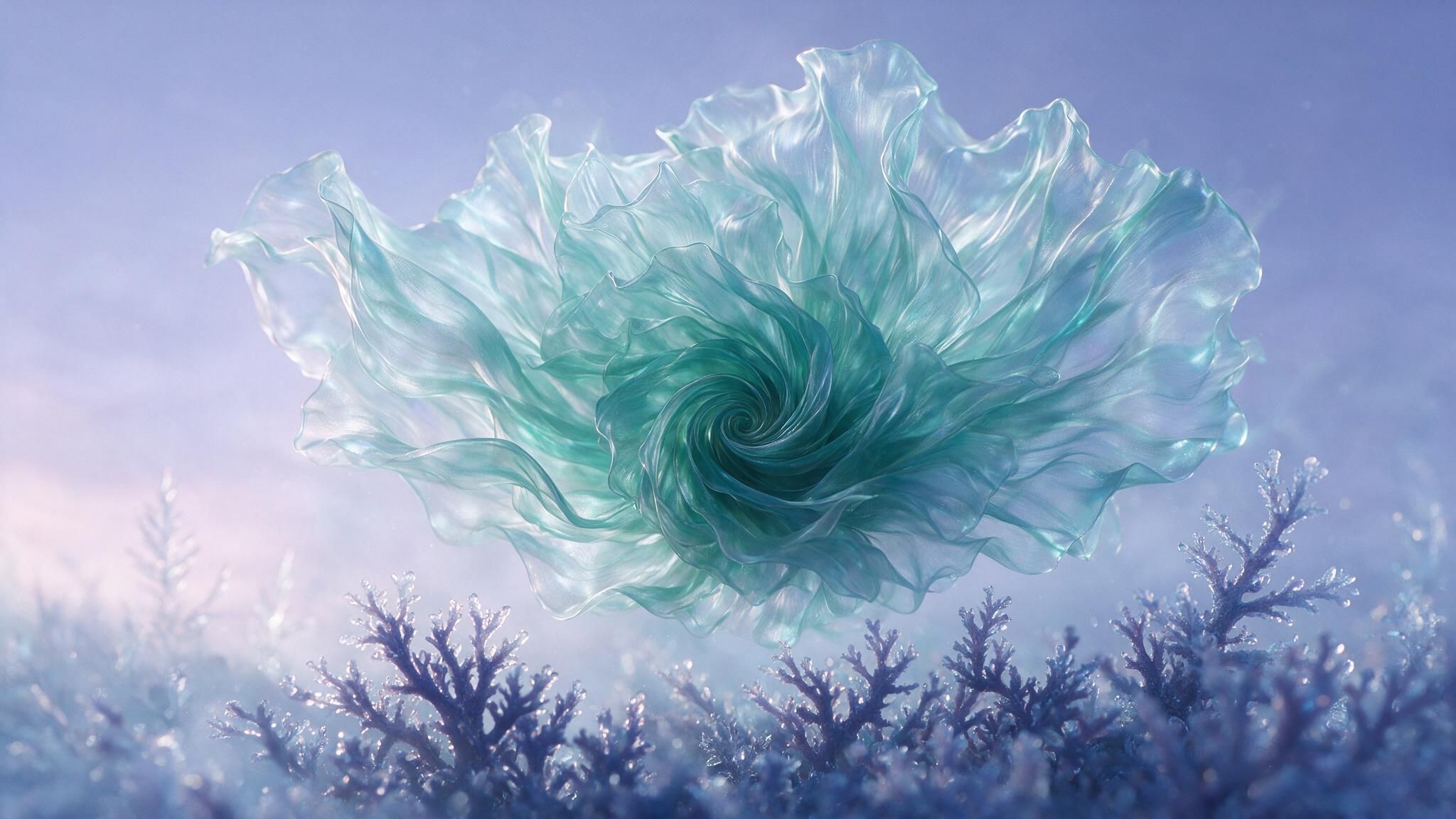 A translucent teal ice flower spirals open like delicate glass, hovering above glistening frost-covered branches in a soft lavender dawn. The scene feels serene and otherworldly, as if captured in a frozen, magical dreamscape.