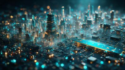 Tiny skyscrapers made of microchips and capacitors glow in teal and amber neon atop a dark circuit board, forming a mist-shrouded cyberpunk metropolis that feels sleek, high-tech, and humming with energy.