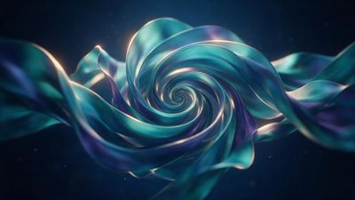 A luminous turquoise and violet silk ribbon spirals inward like a delicate vortex against a dark, softly glowing backdrop, creating a sense of fluid motion and tranquil elegance. Floating specks of light drift around the swirl, enhancing the dreamlike, calming atmosphere.