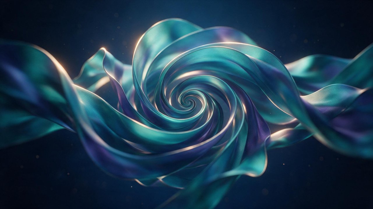 A luminous turquoise and violet silk ribbon spirals inward like a delicate vortex against a dark, softly glowing backdrop, creating a sense of fluid motion and tranquil elegance. Floating specks of light drift around the swirl, enhancing the dreamlike, calming atmosphere.