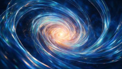 A luminous whirl of iridescent blues, teals, and golds spirals toward a blazing central core against a star-speckled cosmic backdrop, conveying dynamic motion and an awe-inspiring, otherworldly mood.