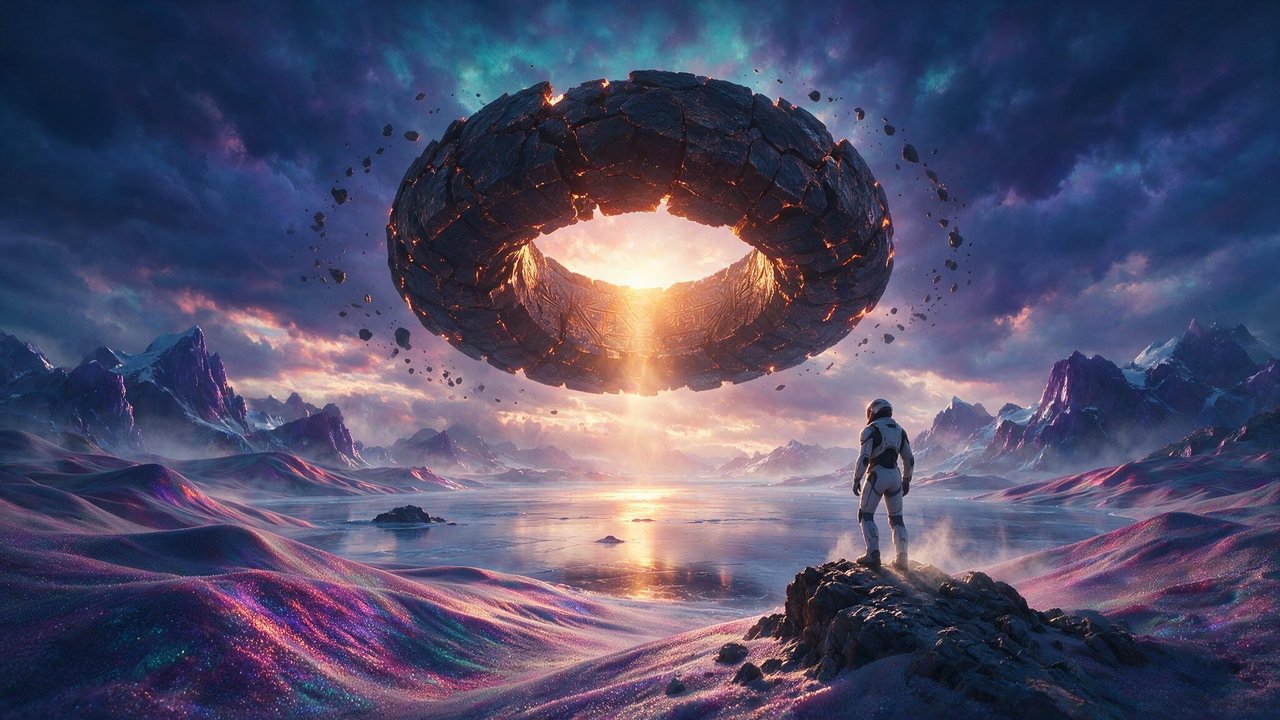 A lone astronaut in a white suit stands on a rocky rise, overlooking shimmering, rainbow-flecked dunes and a frozen lake where a colossal, cracked stone ring hovers, its molten seams casting a pillar of golden light. Jagged, snow-capped peaks and stormy violet clouds fill the horizon, creating a tense yet awe-inspiring extraterrestrial mood.