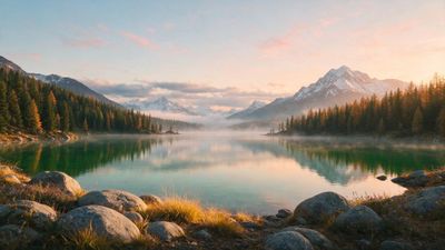 Golden sunrise light washes over a glass-still emerald lake ringed by evergreen forest and snow-capped Alpine peaks, their reflections shimmering through low morning mist. Foreground boulders and dew-tipped grasses add texture to the tranquil, invigorating dawn scene.