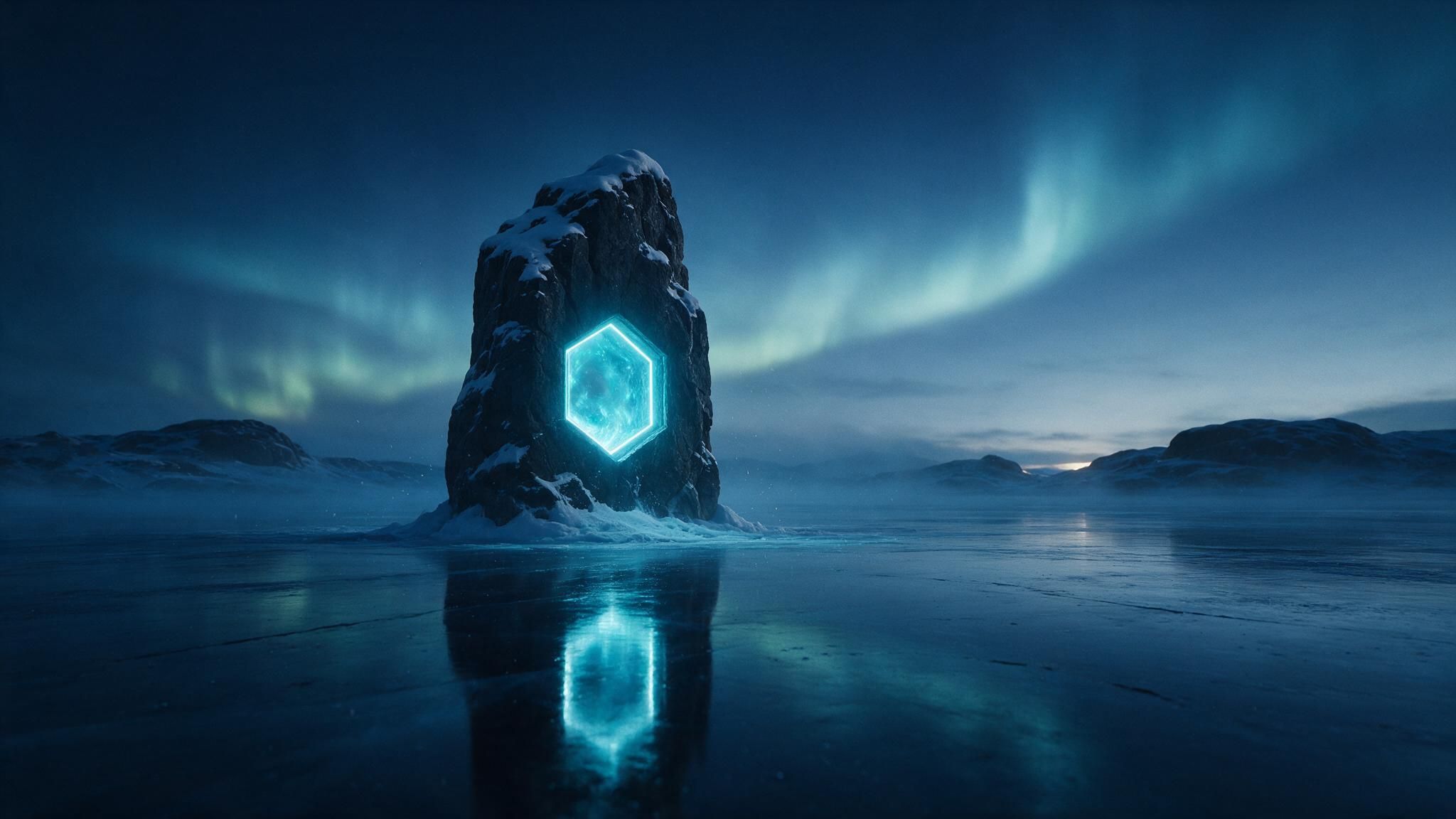 A snow-capped stone monolith rises from a glassy frozen lake, its center hollowed into a vivid cyan hexagonal portal that casts a shimmering reflection on the ice. Soft auroras streak the twilight sky above distant mountain silhouettes, infusing the scene with a mysterious, otherworldly calm.