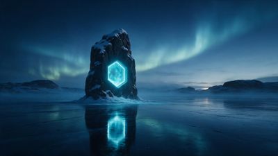 A snow-capped stone monolith rises from a glassy frozen lake, its center hollowed into a vivid cyan hexagonal portal that casts a shimmering reflection on the ice. Soft auroras streak the twilight sky above distant mountain silhouettes, infusing the scene with a mysterious, otherworldly calm.