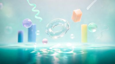 Glossy pastel spheres, cylinders, a translucent doughnut ring, and other abstract shapes hover above a softly rippling turquoise water surface, lit by gentle, diffused light. The airy composition and muted colours create a calm, dreamlike mood.