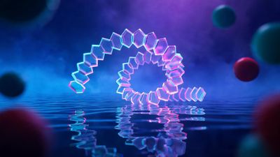 A twisting spiral of glowing pink and cyan neon hexagons hovers above gently rippling water, its reflection shimmering beneath a blue-purple mist. Out-of-focus floating spheres deepen the scene’s futuristic, dreamlike mood.