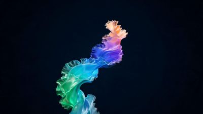 A single flowing ribbon of translucent, ruffled silk twists upward in a smooth S-curve, shifting through a full spectrum from emerald and turquoise at the base to sapphire, violet, and peach near the tip. The vibrant, luminous colors glow against a deep midnight background, creating an airy, dreamlike mood.