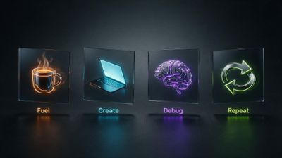 A sleek 4K wallpaper features four neon-lit glass tiles floating on a dark, carbon-fiber background: an orange steaming coffee mug labelled “Fuel,” a cyan laptop for “Create,” a violet circuit-board brain for “Debug,” and green circular arrows for “Repeat.” The vivid colors and glossy reflections create an energetic, tech-centric mood that celebrates the developer workflow.