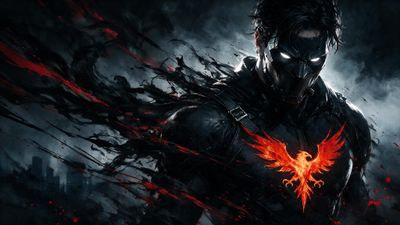A black-armored vigilante with a sharp, metallic mask and glowing white eyes stands against a stormy, smoke-choked skyline, the fiery Phoenix emblazoned on his chest erupting into swirling red and black embers that heighten the brooding, cinematic mood.