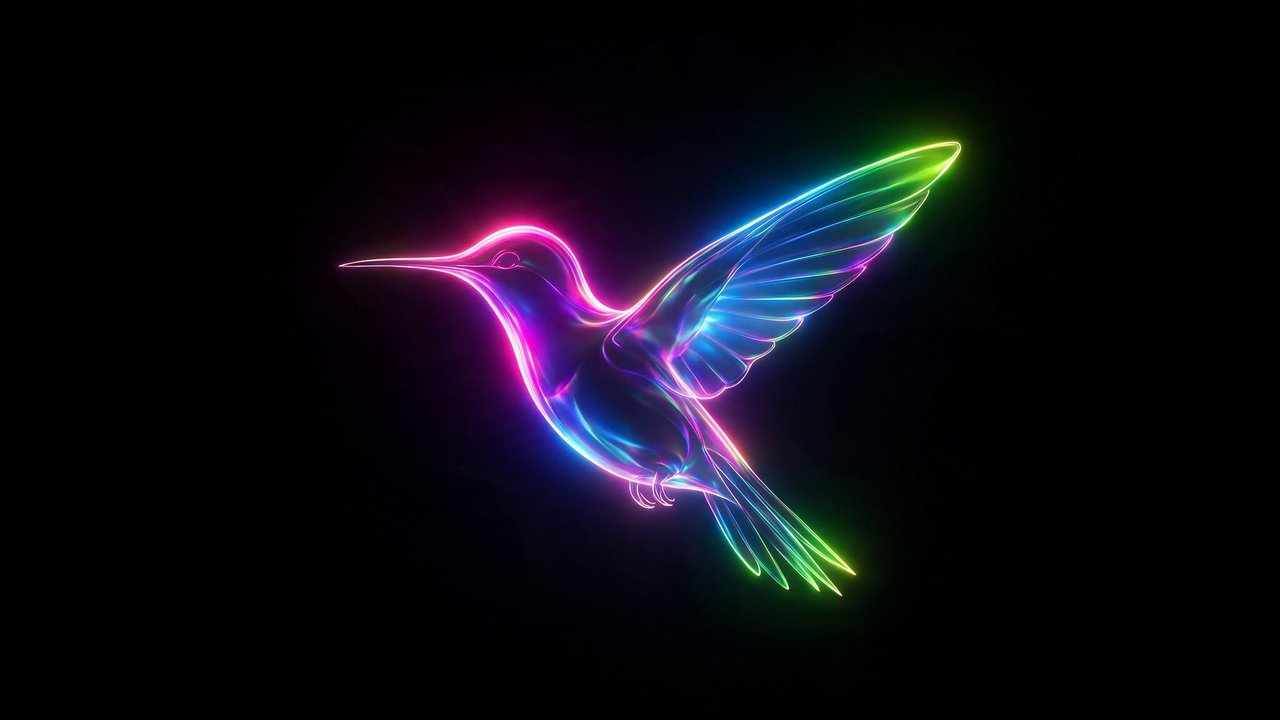 A sleek neon outline of a hovering hummingbird radiates shifting pink, blue, and lime-green light against a pitch-black background. The rainbow glow creates a vibrant, futuristic mood suited to a 4K display.