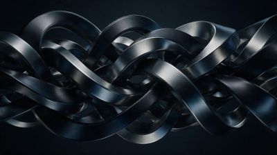 Sleek, gunmetal-blue metallic ribbons twist and weave into a complex, continuous knot against a dark charcoal background, evoking a futuristic and quietly dramatic mood.
