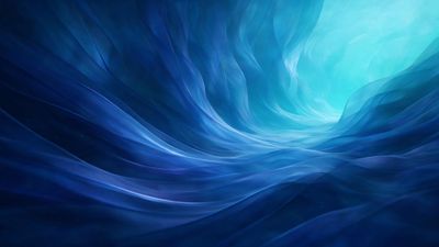 Swirling translucent ribbons of deep navy to luminous aqua blue curve like underwater currents, drawing the eye toward a bright turquoise glow in the distance. The fluid, layered shapes create a serene, immersive mood reminiscent of diving into a tranquil abstract ocean.