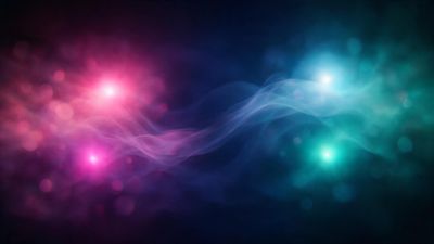 Vibrant 4K abstract nebula scene with a glowing magenta cloud on the left and a cyan-teal cloud on the right, linked by a sinuous, translucent light ribbon floating across a deep space background. The soft bokeh sparks and shifting colors create an ethereal, futuristic mood.
