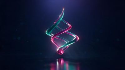 A luminous teal-and-magenta neon ribbon twists upward in a glowing helix, hovering above a glossy, dark floor in a dim indigo space, its reflections showcasing crisp 4K detail. The scene feels sleek and futuristic, radiating a calm, high-tech energy.