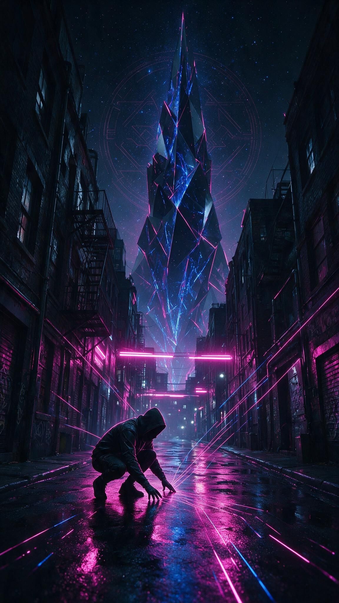 A lone hooded figure crouches on a rain-slicked, neon-lit alley floor, tracing magenta data lines that pulse toward a towering, jagged blue-and-pink holographic spire rising into a star-filled night sky, evoking a tense, futuristic hacker vibe.