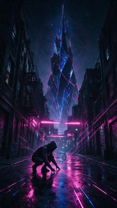 A lone hooded figure crouches on a rain-slicked, neon-lit alley floor, tracing magenta data lines that pulse toward a towering, jagged blue-and-pink holographic spire rising into a star-filled night sky, evoking a tense, futuristic hacker vibe.