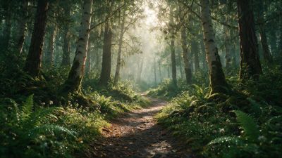 Soft morning sunlight filters through tall birch and pine trees onto a winding dirt path amid lush, dew-kissed ferns, with a gentle mist lending the tranquil forest scene a dreamy, inviting mood.