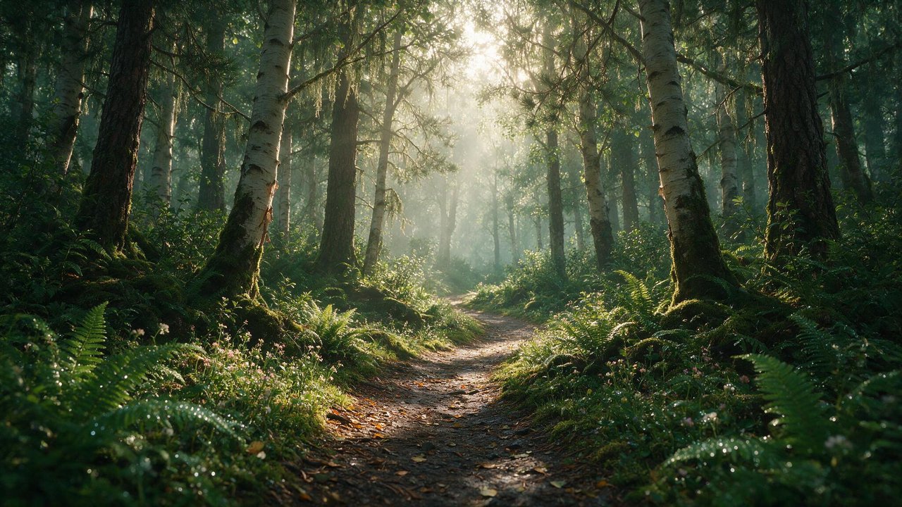 Soft morning sunlight filters through tall birch and pine trees onto a winding dirt path amid lush, dew-kissed ferns, with a gentle mist lending the tranquil forest scene a dreamy, inviting mood.