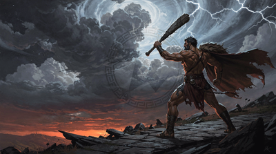 A towering, muscular warrior reminiscent of Hercules stands on a cracked stone cliff at dusk, brandishing a heavy wooden club toward swirling gray clouds and jagged lightning, his tattered fur cloak billowing behind him. The dramatic sky, distant red horizon, and shattered terrain convey a fierce, mythic determination in the face of the storm.