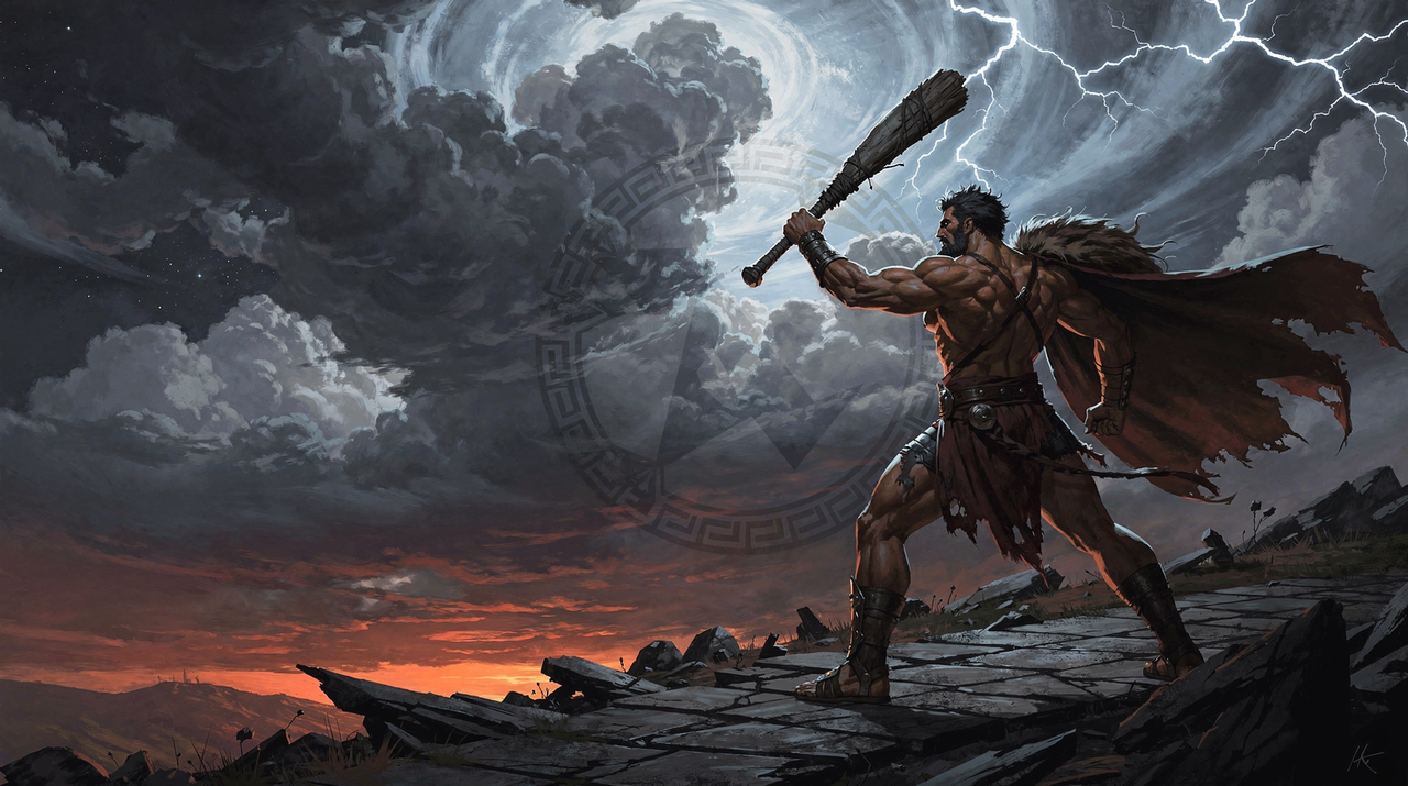 A towering, muscular warrior reminiscent of Hercules stands on a cracked stone cliff at dusk, brandishing a heavy wooden club toward swirling gray clouds and jagged lightning, his tattered fur cloak billowing behind him. The dramatic sky, distant red horizon, and shattered terrain convey a fierce, mythic determination in the face of the storm.