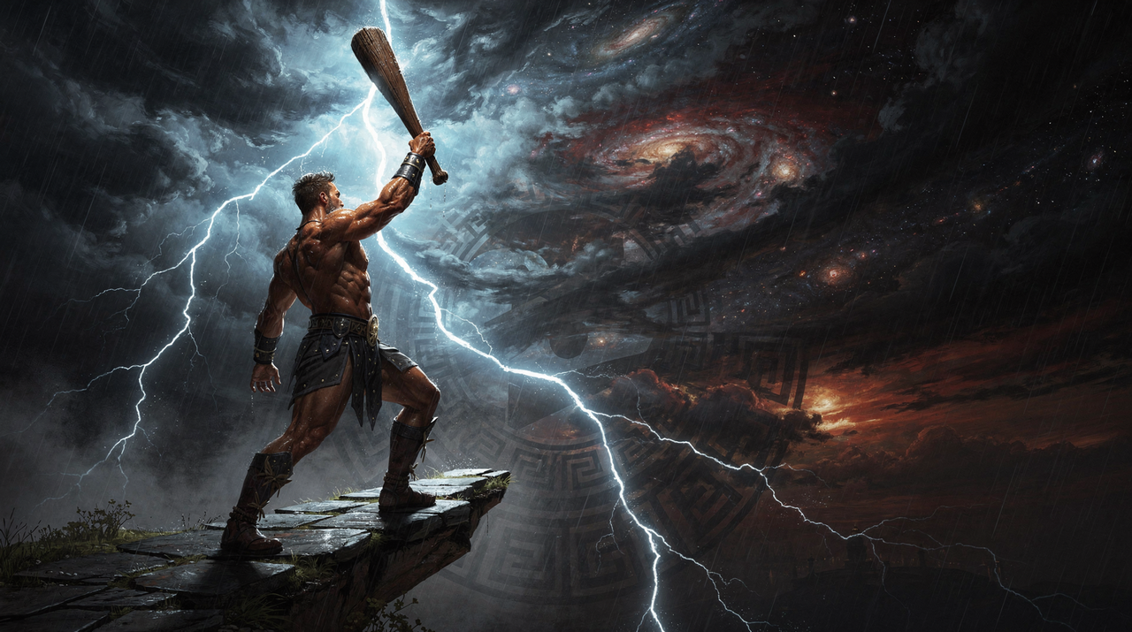 Hercules, bare-chested and brandishing a club, stands on a rain-soaked cliff edge as blinding lightning forks through a night sky swirling with galaxies and storm clouds, creating an epic, thunderous mood of mythic confrontation.