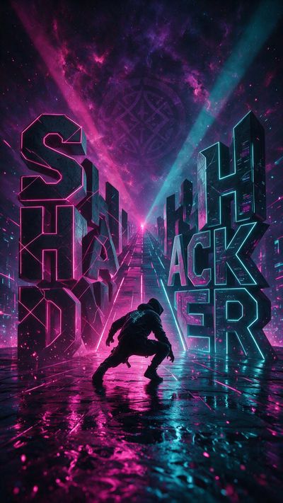 A hooded, crouching figure in dark tactical gear lurks in a rain-slick neon alley lined by towering 3D letters spelling “SHADOW HACKER,” illuminated in pulsing pink and teal glow beneath a star-flecked sky. The scene feels futuristic and clandestine, evoking a high-tech cyberpunk heist about to unfold.